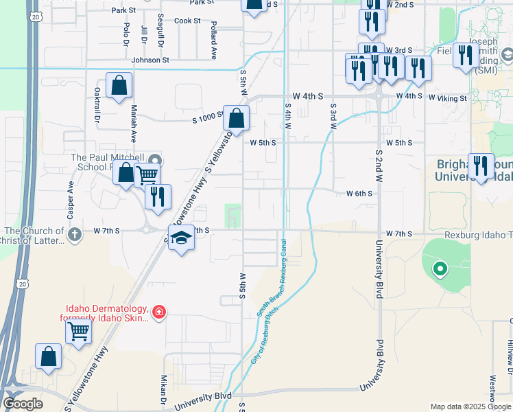 map of restaurants, bars, coffee shops, grocery stores, and more near 628 Valinda Lane in Rexburg