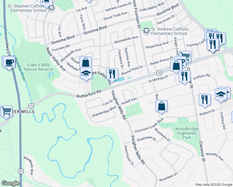 map of restaurants, bars, coffee shops, grocery stores, and more near 717 Vaughan Mills Road in Vaughan