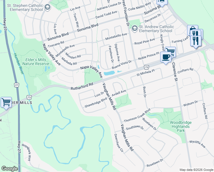 map of restaurants, bars, coffee shops, grocery stores, and more near 5535 Rutherford Road in Vaughan
