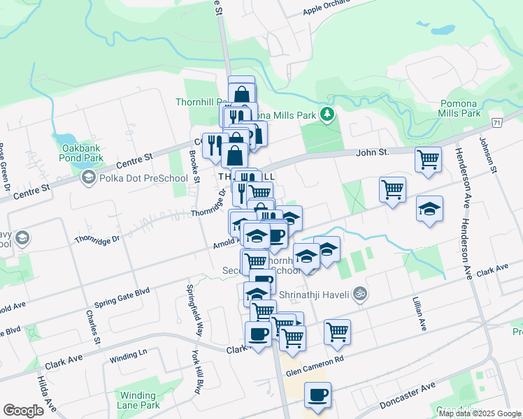 map of restaurants, bars, coffee shops, grocery stores, and more near 70 Confederation Way in Markham