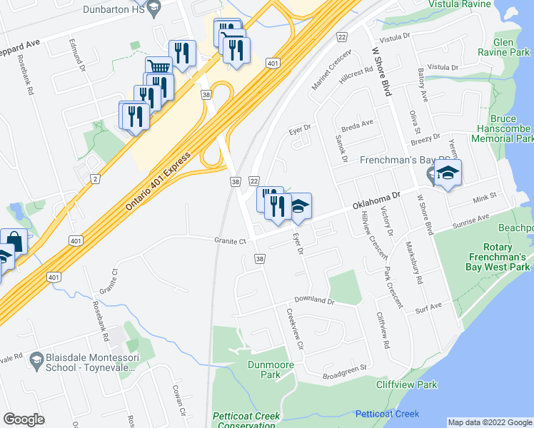 map of restaurants, bars, coffee shops, grocery stores, and more near 771 Hampton Court in Pickering