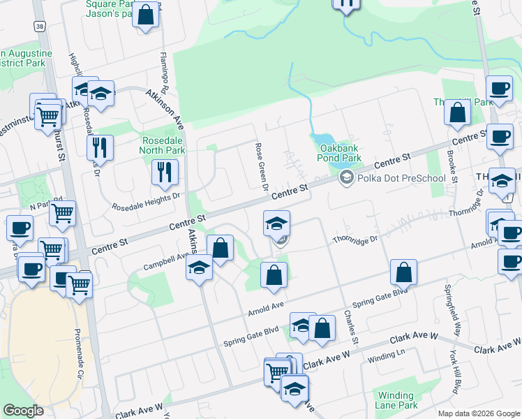 map of restaurants, bars, coffee shops, grocery stores, and more near 9 Green Acres Road in Vaughan