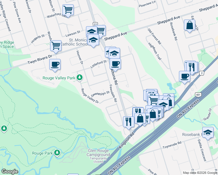 map of restaurants, bars, coffee shops, grocery stores, and more near 1266 Fawndale Road in Pickering