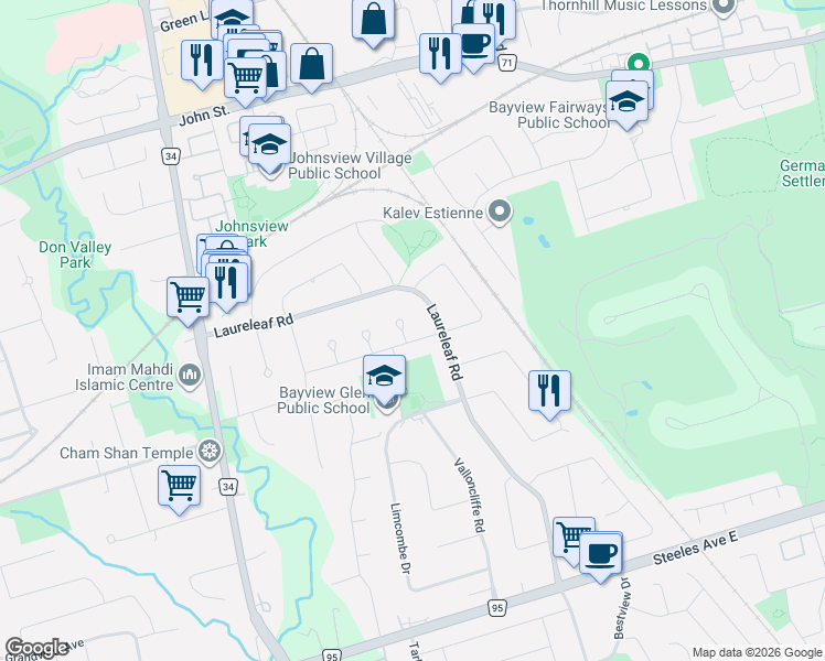 map of restaurants, bars, coffee shops, grocery stores, and more near 1 Sunflower Court in Markham
