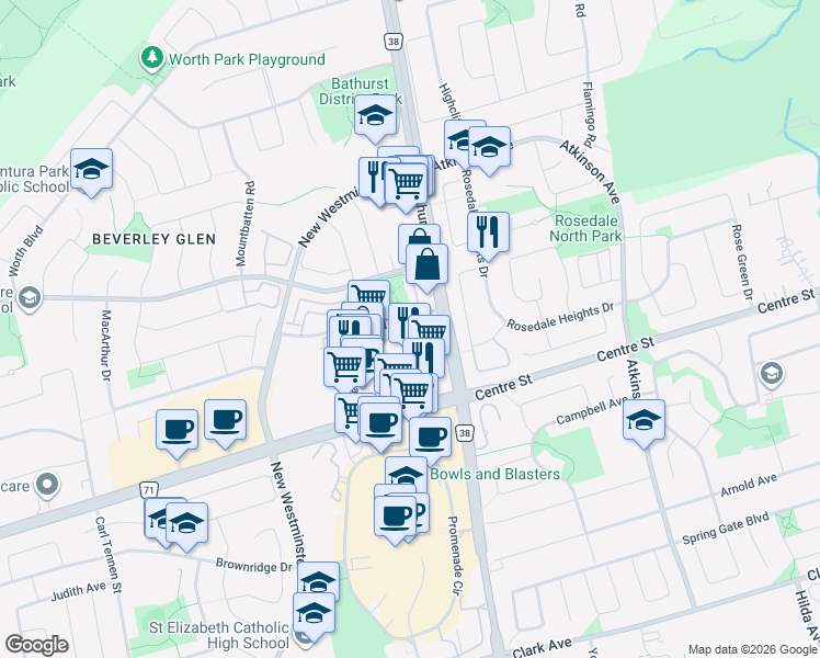 map of restaurants, bars, coffee shops, grocery stores, and more near 7890 Bathurst Street in Vaughan
