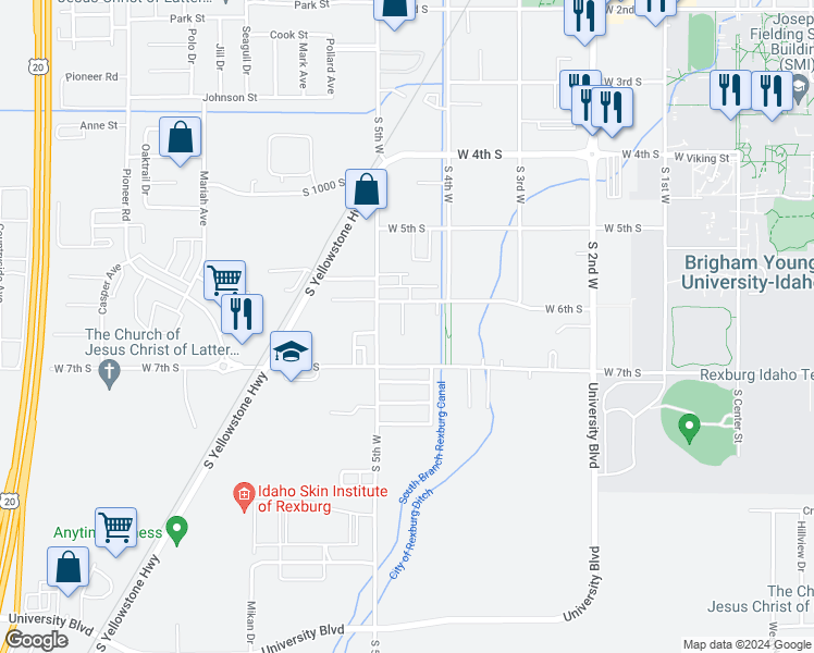 map of restaurants, bars, coffee shops, grocery stores, and more near 625 Valinda Lane in Rexburg