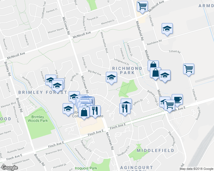 map of restaurants, bars, coffee shops, grocery stores, and more near 22 White Heather Boulevard in Toronto