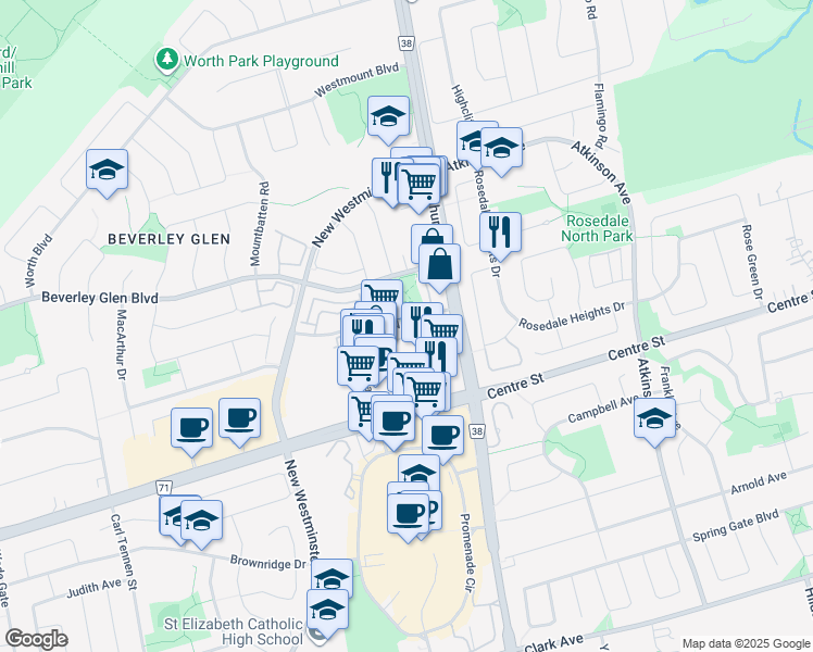 map of restaurants, bars, coffee shops, grocery stores, and more near 7 North Park Road in Vaughan