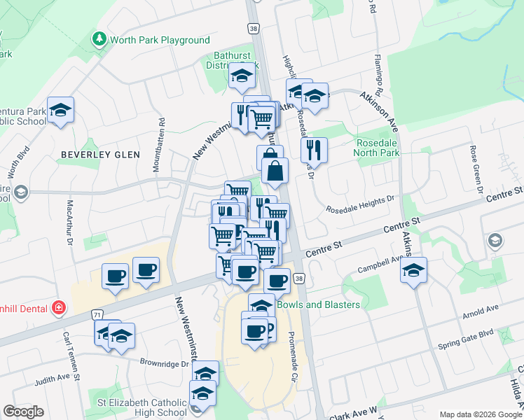map of restaurants, bars, coffee shops, grocery stores, and more near 7 North Park Road in Vaughan
