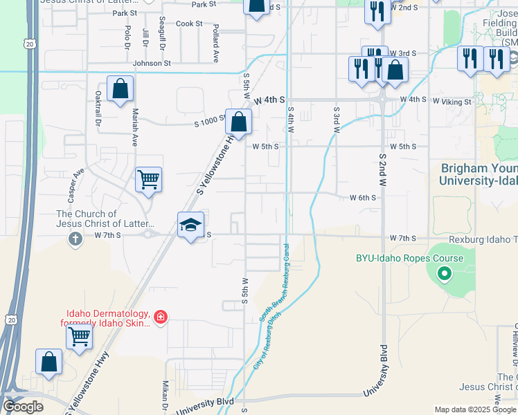 map of restaurants, bars, coffee shops, grocery stores, and more near 622 Valinda Lane in Rexburg