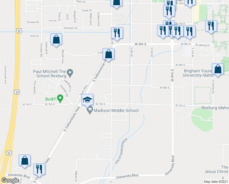 map of restaurants, bars, coffee shops, grocery stores, and more near 625 South 5th West in Rexburg