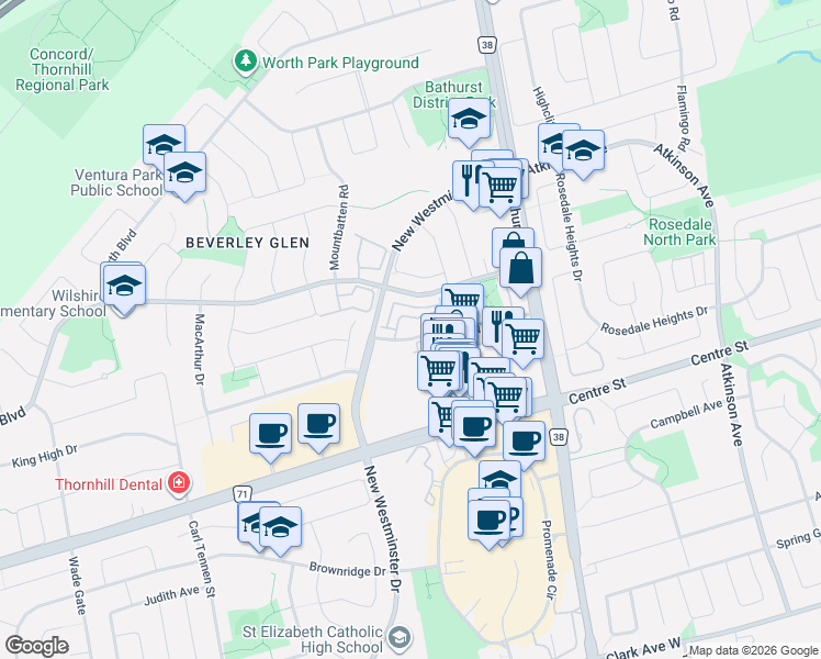 map of restaurants, bars, coffee shops, grocery stores, and more near 30 North Park Road in Vaughan