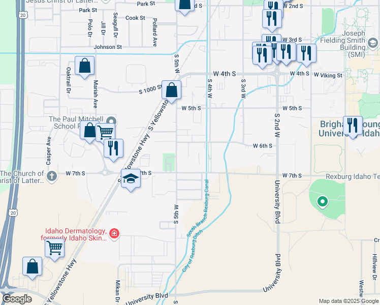 map of restaurants, bars, coffee shops, grocery stores, and more near 421 West 6th South in Rexburg
