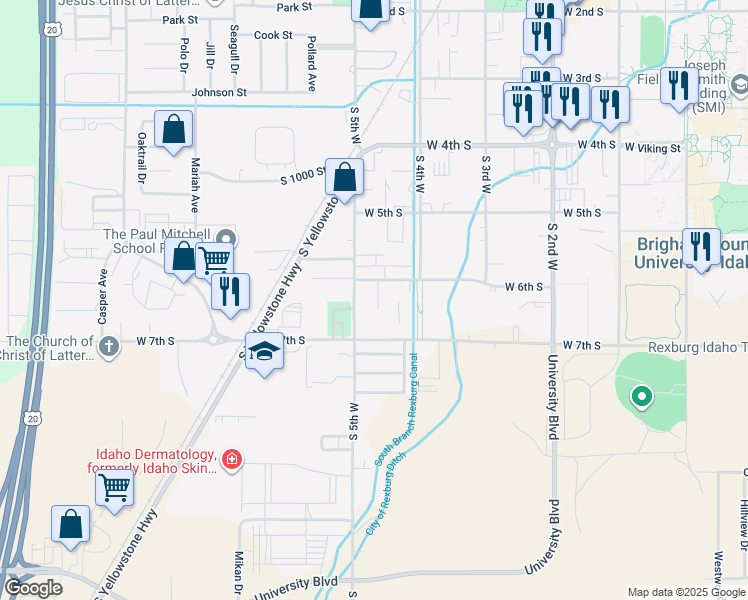 map of restaurants, bars, coffee shops, grocery stores, and more near 421 West 6th South in Rexburg