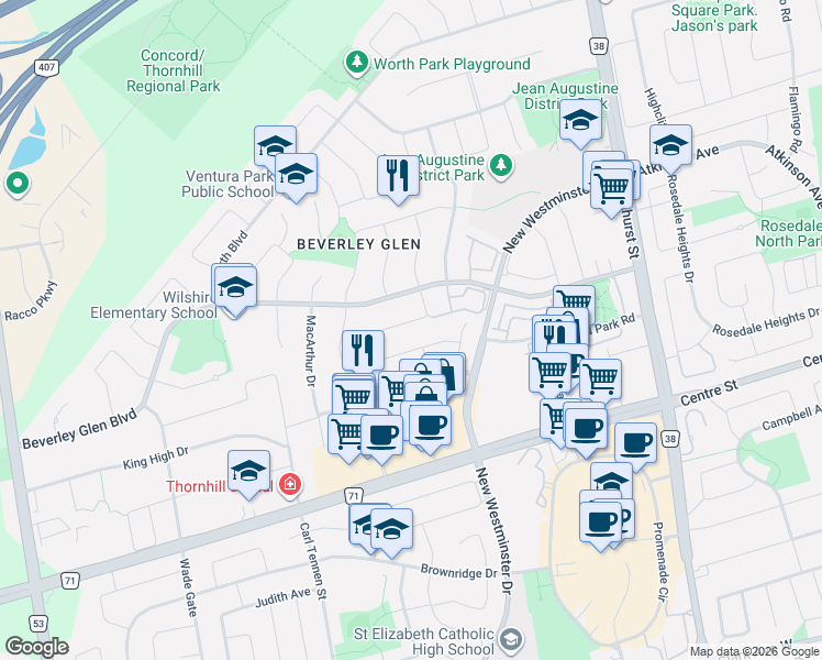 map of restaurants, bars, coffee shops, grocery stores, and more near 47 Edenbridge Drive in Vaughan