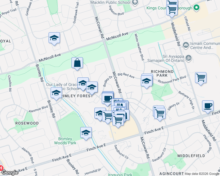 map of restaurants, bars, coffee shops, grocery stores, and more near 62 Ardgowan Crescent in Toronto