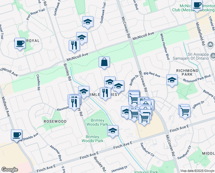 map of restaurants, bars, coffee shops, grocery stores, and more near Brimwood Boulevard in Toronto