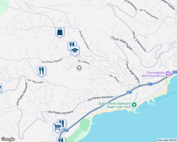 map of restaurants, bars, coffee shops, grocery stores, and more near 95B Strada Solaro in Sanremo