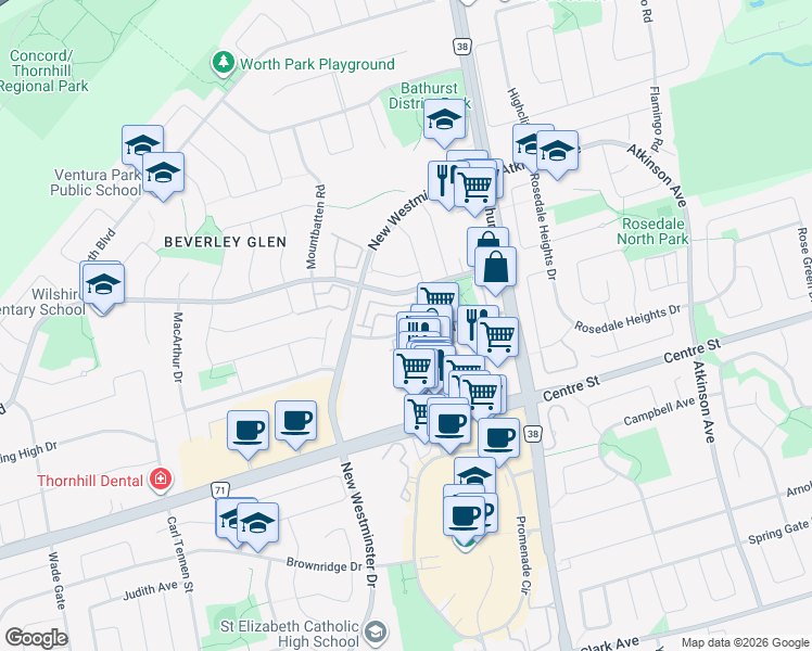 map of restaurants, bars, coffee shops, grocery stores, and more near 20 North Park Road in Vaughan