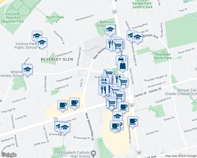 map of restaurants, bars, coffee shops, grocery stores, and more near in Vaughan
