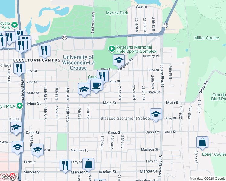 map of restaurants, bars, coffee shops, grocery stores, and more near 221 21st Street South in La Crosse
