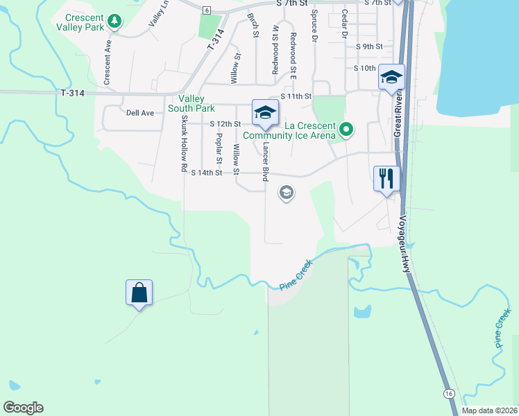 map of restaurants, bars, coffee shops, grocery stores, and more near 1430 Willow Street in La Crescent