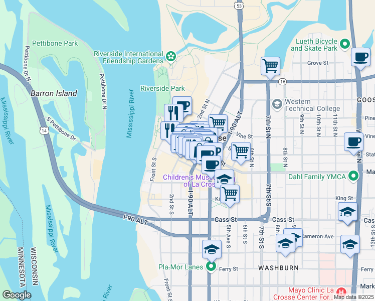 map of restaurants, bars, coffee shops, grocery stores, and more near 200 Main Street in La Crosse