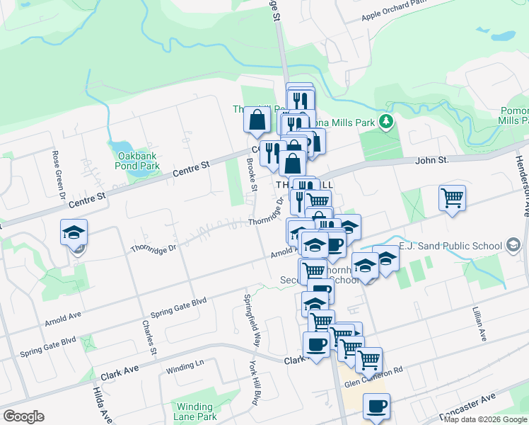 map of restaurants, bars, coffee shops, grocery stores, and more near 28 Thornridge Drive in Vaughan