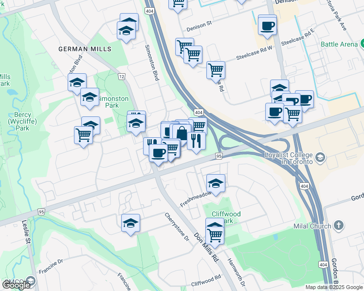 map of restaurants, bars, coffee shops, grocery stores, and more near 6 Darby Way in Markham