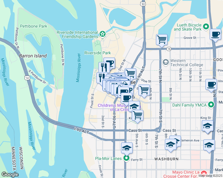 map of restaurants, bars, coffee shops, grocery stores, and more near 200 Main Street in La Crosse