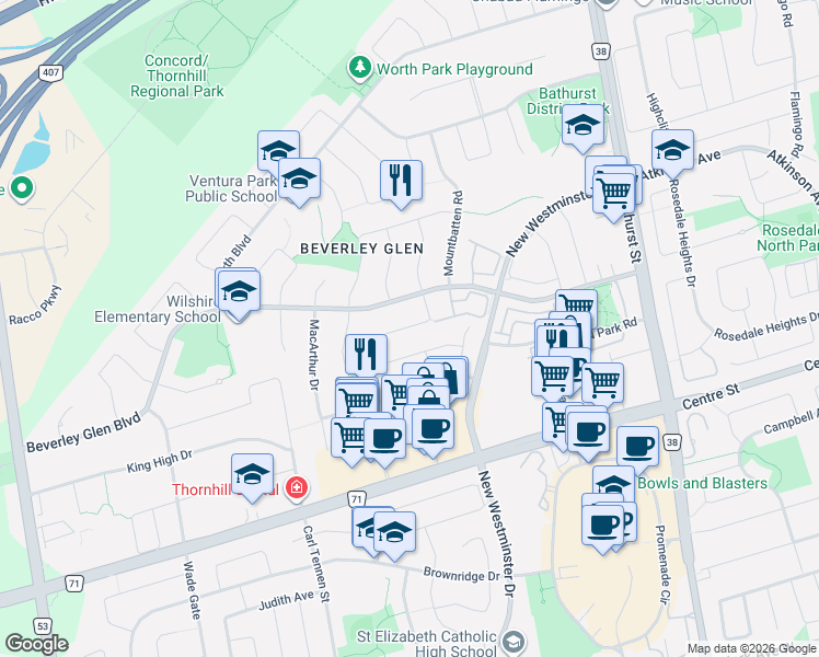 map of restaurants, bars, coffee shops, grocery stores, and more near 59 Edenbridge Drive in Vaughan