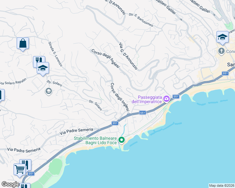 map of restaurants, bars, coffee shops, grocery stores, and more near 541 Corso degli Inglesi in Sanremo