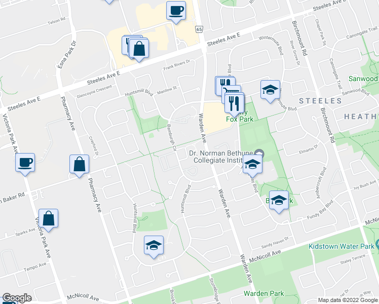 map of restaurants, bars, coffee shops, grocery stores, and more near 125 Bamburgh Circle in Toronto