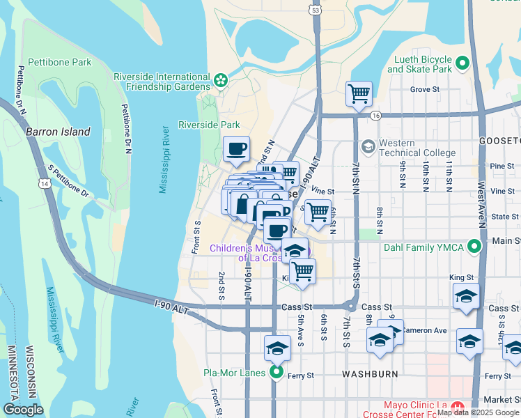map of restaurants, bars, coffee shops, grocery stores, and more near in La Crosse