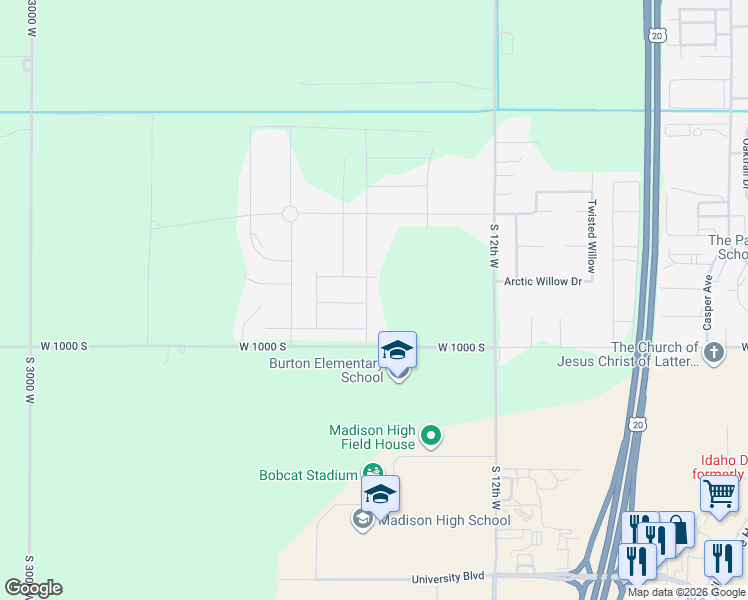 map of restaurants, bars, coffee shops, grocery stores, and more near 952 South 2275 West in Rexburg