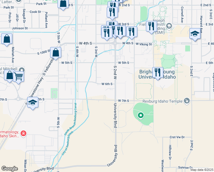 map of restaurants, bars, coffee shops, grocery stores, and more near 570 South 2nd West in Rexburg