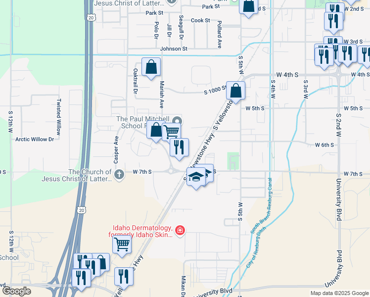 map of restaurants, bars, coffee shops, grocery stores, and more near 591 Turin Way in Rexburg