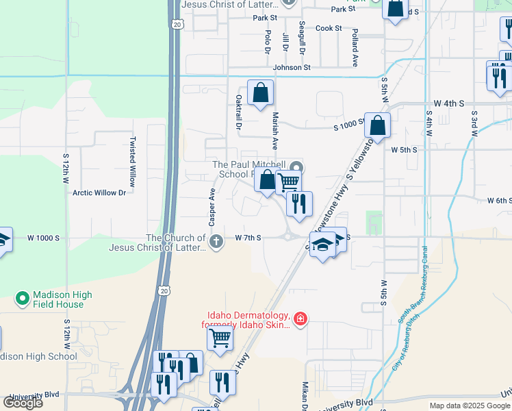 map of restaurants, bars, coffee shops, grocery stores, and more near 2 Pioneer Road in Rexburg