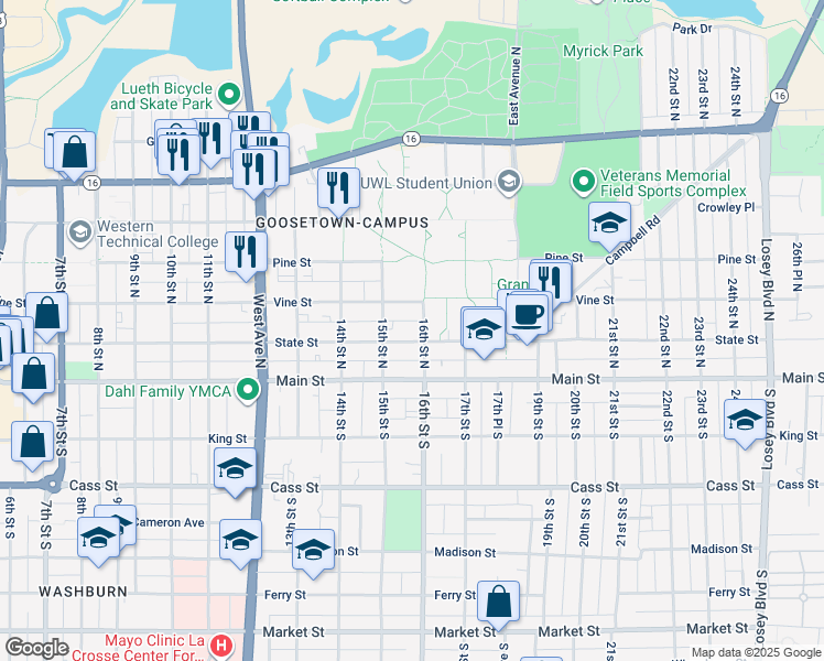 map of restaurants, bars, coffee shops, grocery stores, and more near 221 16th Street North in La Crosse