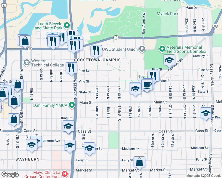map of restaurants, bars, coffee shops, grocery stores, and more near in La Crosse