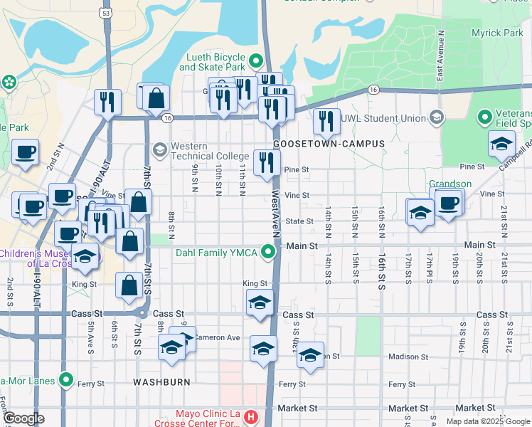 map of restaurants, bars, coffee shops, grocery stores, and more near 223 West Avenue North in La Crosse