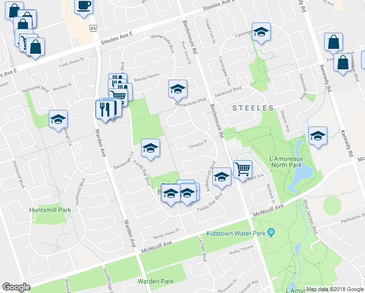 map of restaurants, bars, coffee shops, grocery stores, and more near 29 Elmartin Drive in Toronto