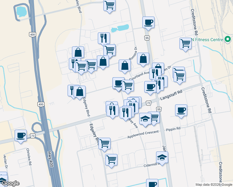 map of restaurants, bars, coffee shops, grocery stores, and more near 750 Millway Avenue in Vaughan