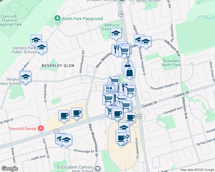 map of restaurants, bars, coffee shops, grocery stores, and more near 20 North Park Road in Vaughan