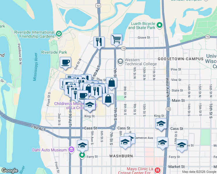 map of restaurants, bars, coffee shops, grocery stores, and more near 224 6th Street South in La Crosse