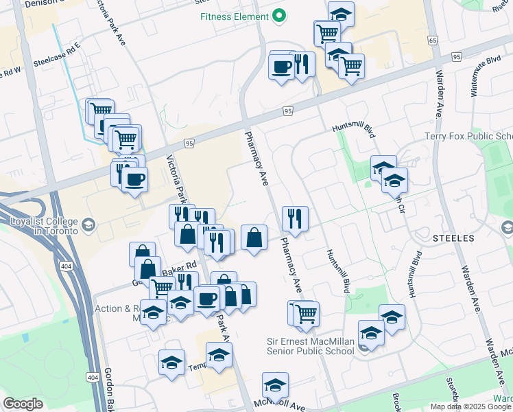 map of restaurants, bars, coffee shops, grocery stores, and more near 33 Dundas St W in Toronto