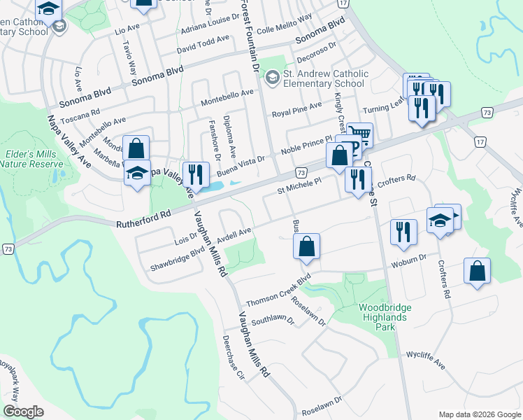 map of restaurants, bars, coffee shops, grocery stores, and more near 16 Saint Michele Place in Vaughan