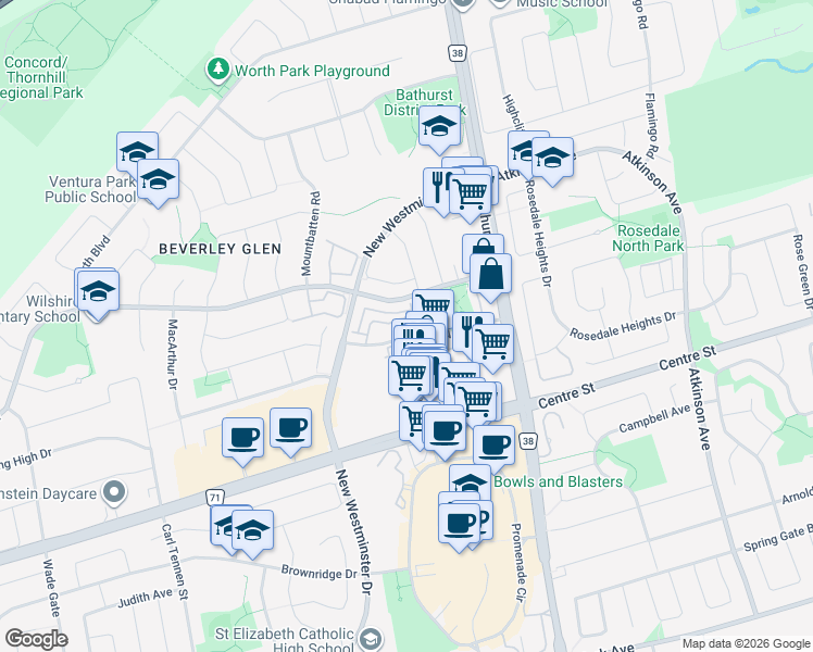 map of restaurants, bars, coffee shops, grocery stores, and more near 20 North Park Road in Vaughan