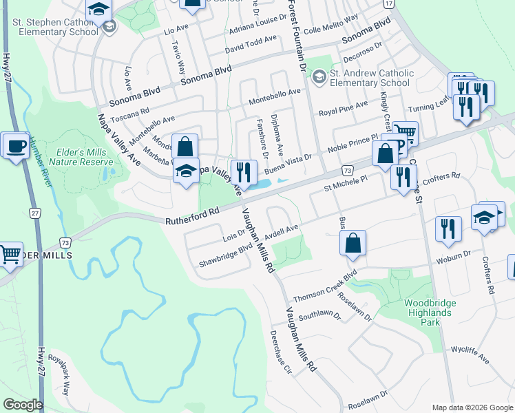 map of restaurants, bars, coffee shops, grocery stores, and more near 5535 Rutherford Road in Vaughan