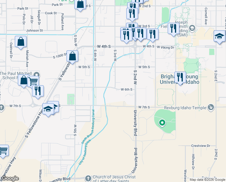 map of restaurants, bars, coffee shops, grocery stores, and more near 333 West 6th South in Rexburg